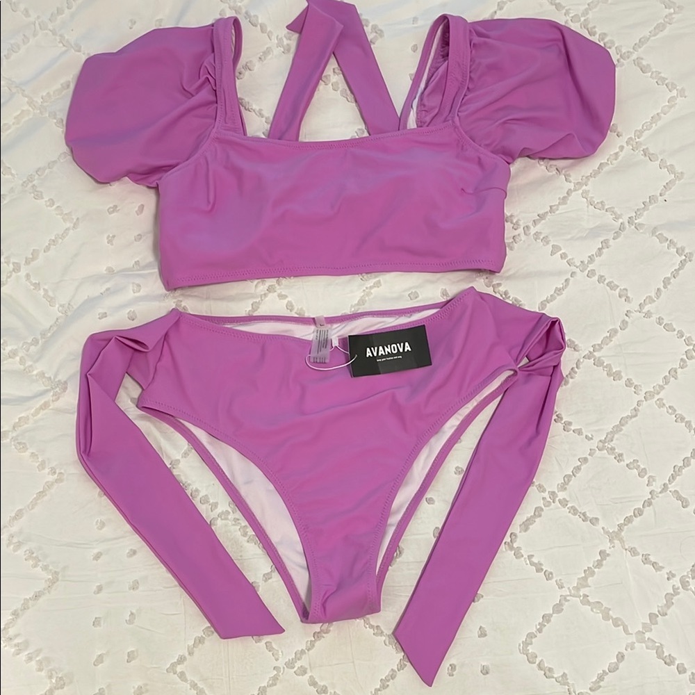 NWT Like Agua Bendita- Purple Bikini Set large cute puffed sleeves high waist